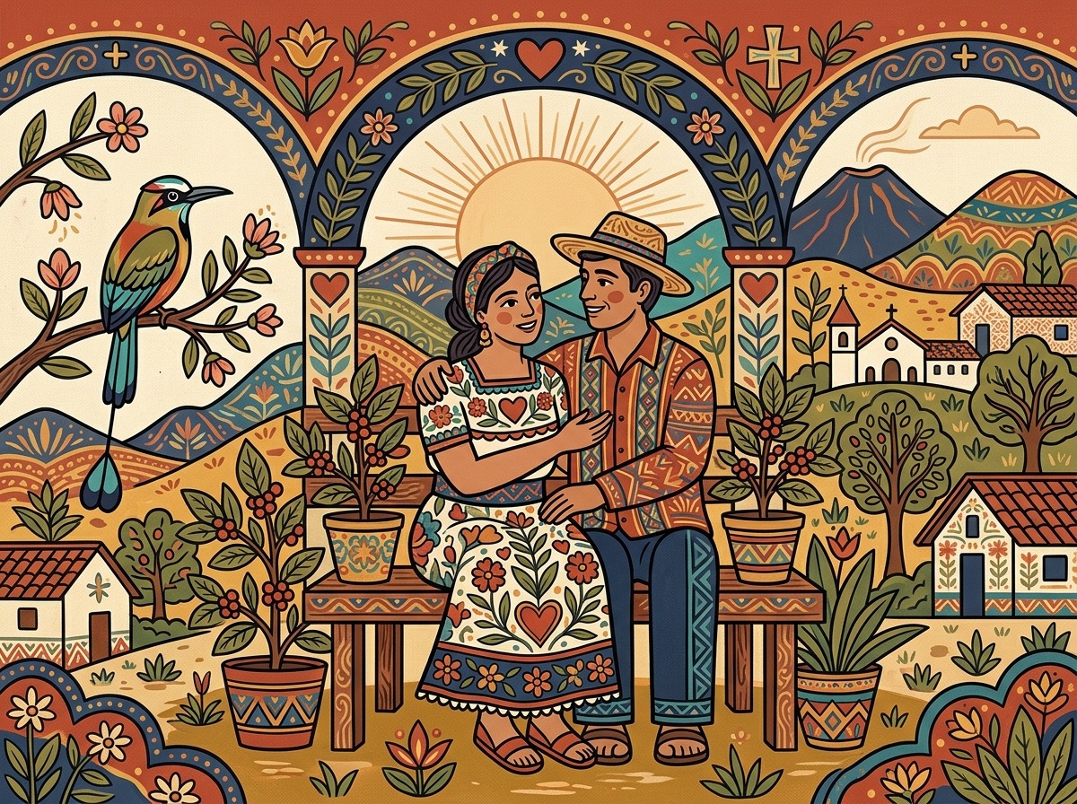Ilustración tradicional salvadoreña estilo La Palma — Terapia de pareja y pertenencia cultural en Centro Amaré